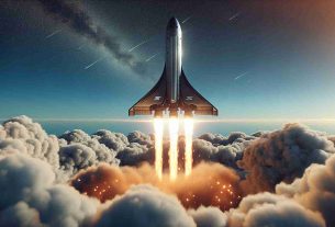 Generate a realistic, high-definition image of an innovative space exploration company performing a bold experiment with their starship prototype. The starship is launching into space, leaving behind trails of fire and smoke as it ascends against the backdrop of a clear, blue sky.