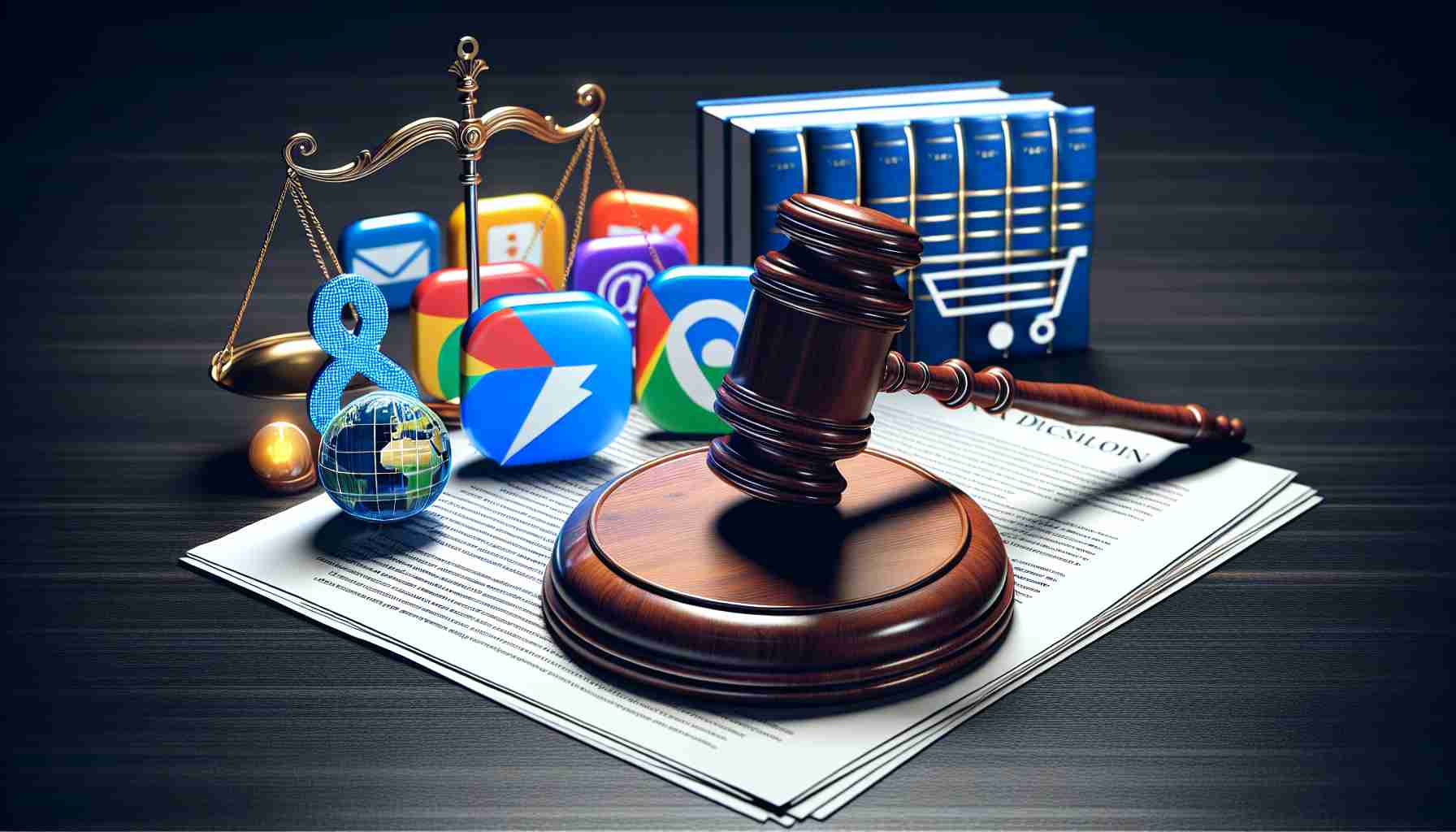 A high-definition, realistic image depicting the concept of a landmark court decision that forces a prominent internet search company to allow third-party app stores on its digital distribution service. The image could include legal documents, a digital store icon, and third-party app symbols to symbolize this event.