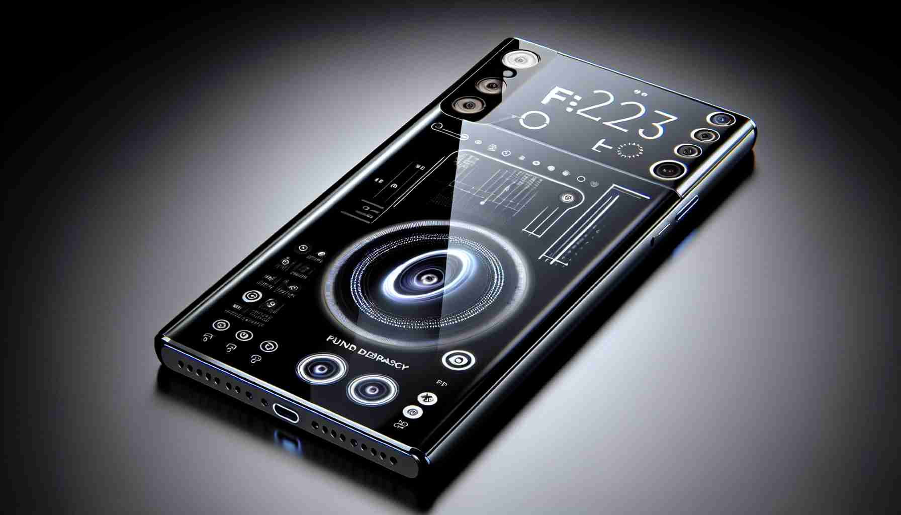 A high-definition, realistic image of a conceptual smartphone from the year 2023. The device should embody advanced technology and futuristic design elements. It should have a slim, sleek profile with a large, edge-to-edge screen, minimal bezels, and an array of cutting-edge features such as an under-display camera, high-resolution display, AI-driven functionalities, and integrated biometrics. The design should indicate innovation, suggesting a peek into the future of handheld technology.