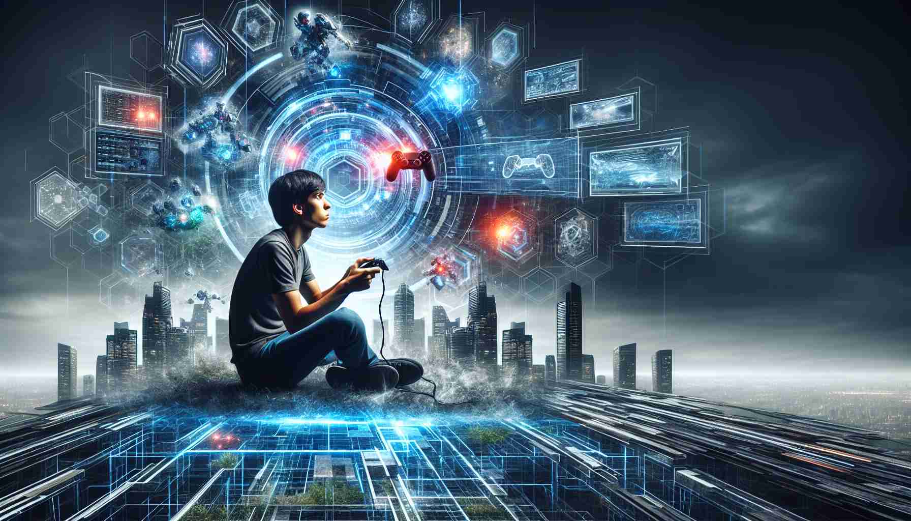 An image portraying the rise of virtual realms in gaming. This should be a highly detailed and realistic depiction, emphasizing the expanding horizons of this domain. Show a person of South Asian descent, sitting on the ground with a game controller in their hands. The interface of a complex video game is arrayed before them, hovering in mid-air as if it were a virtual display. Intense concentration is evident on the gamer's face. The background might represent a blend of reality and a digital world, showing skyscrapers transitioning into towering monoliths of code or holographic arenas.