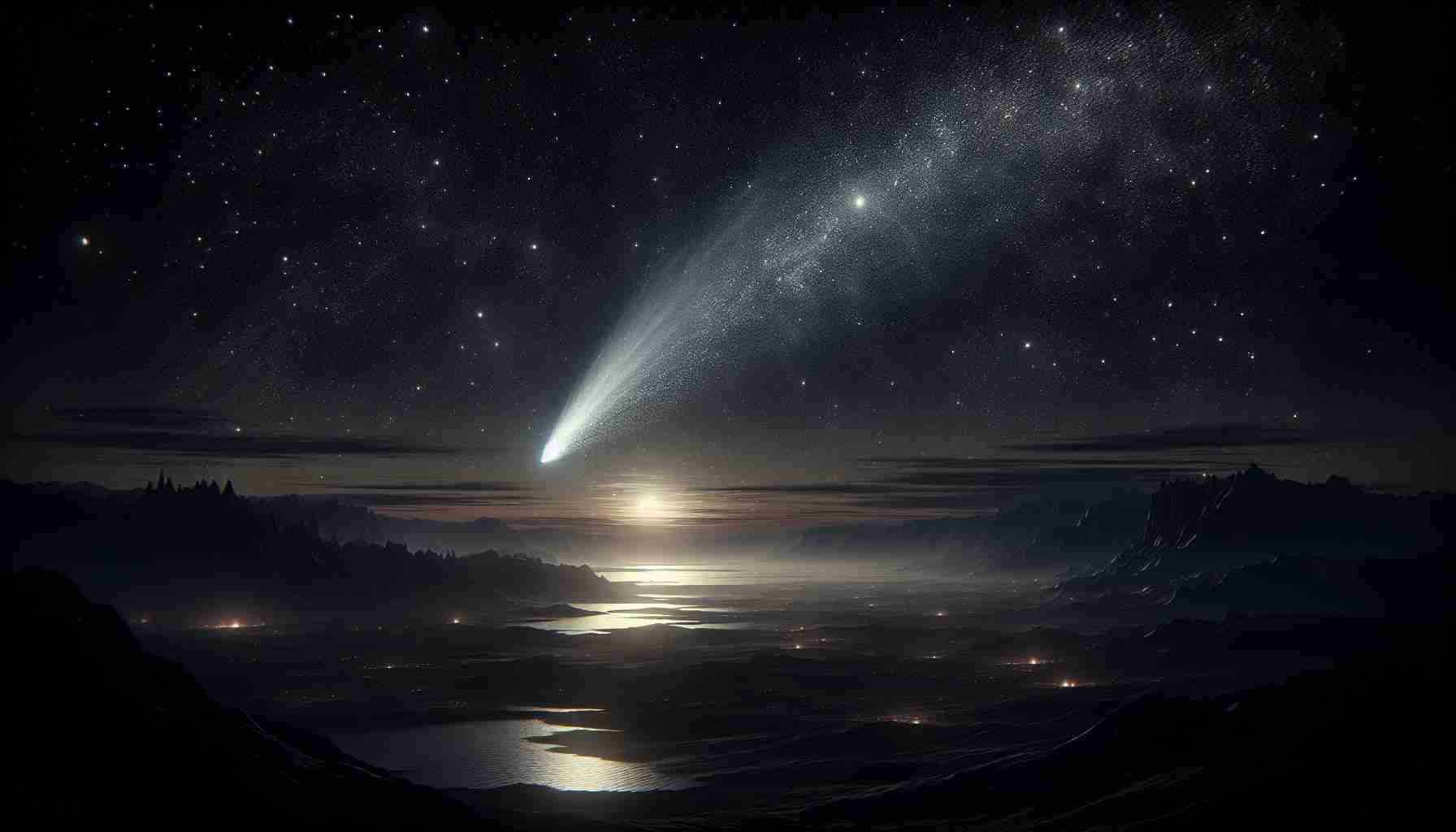 High definition, realistic portrayal of a spectacular celestial event. Picture the scene as the comet C/2023 A3 Tsuchinshan-ATLAS passes across the night sky. The comet, with its trailing tail of sparkling debris, is beautifully contrasted against a dark, star-studded backdrop. The landscape below, bathed in the ethereal light of the comet, adds depth to this celestial spectacle.