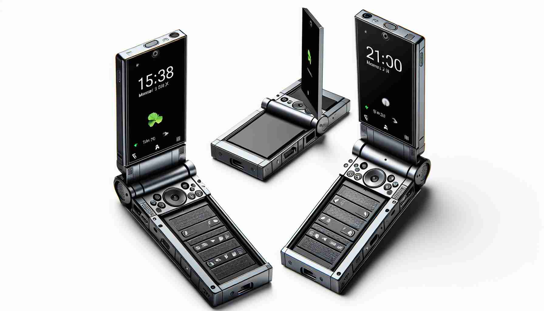 Generate a high-resolution realistic image of a revolutionary compact flip phone by a non-specified but popular electronics manufacturer. The device should be unfolded, revealing its unique folding mechanism and interior display. It should have the aesthetics of next-generation technology with distinctive details like a sleek exterior, vibrant display, two cameras, and a small cover screen.