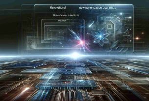 Generate a high definition, realistic image depicting a revolutionary new generation operating system that is transforming the technology industry. The scene should illustrate the advanced interface and futuristic design elements that highlight innovation and progress. The background should contain elements of technology such as microchips, circuit patterns, or lines of code to further emphasize the concept of a tech revolution.