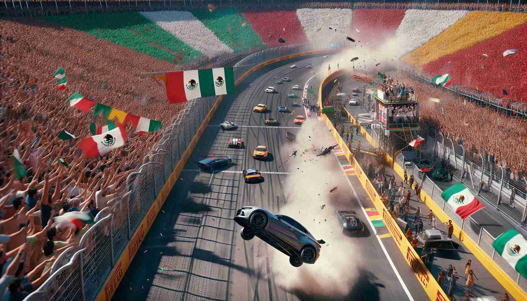 High-definition photorealistic depiction of an unexpected twist during a car racing event, similar to a Grand Prix, in a context that represents Mexico, complete with colorful decorations, cheering crowds and the exhilarating, fast-paced atmosphere of a racing track.