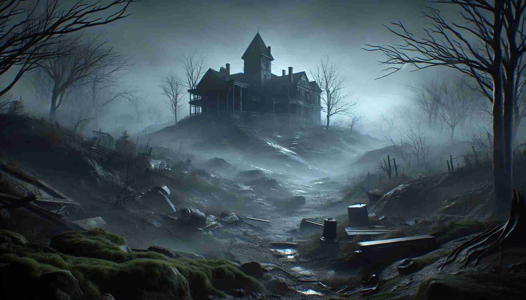 Realistically rendered high-definition photo of a hypothetical restart of a famous, eerie hill-themed, suspenseful video game. In this new era, darkness is peeled away to reveal hidden mysteries. The atmosphere is chilling, with a foggy landscape full of abandoned structures, grim eeriness, and bizarre occurrences.