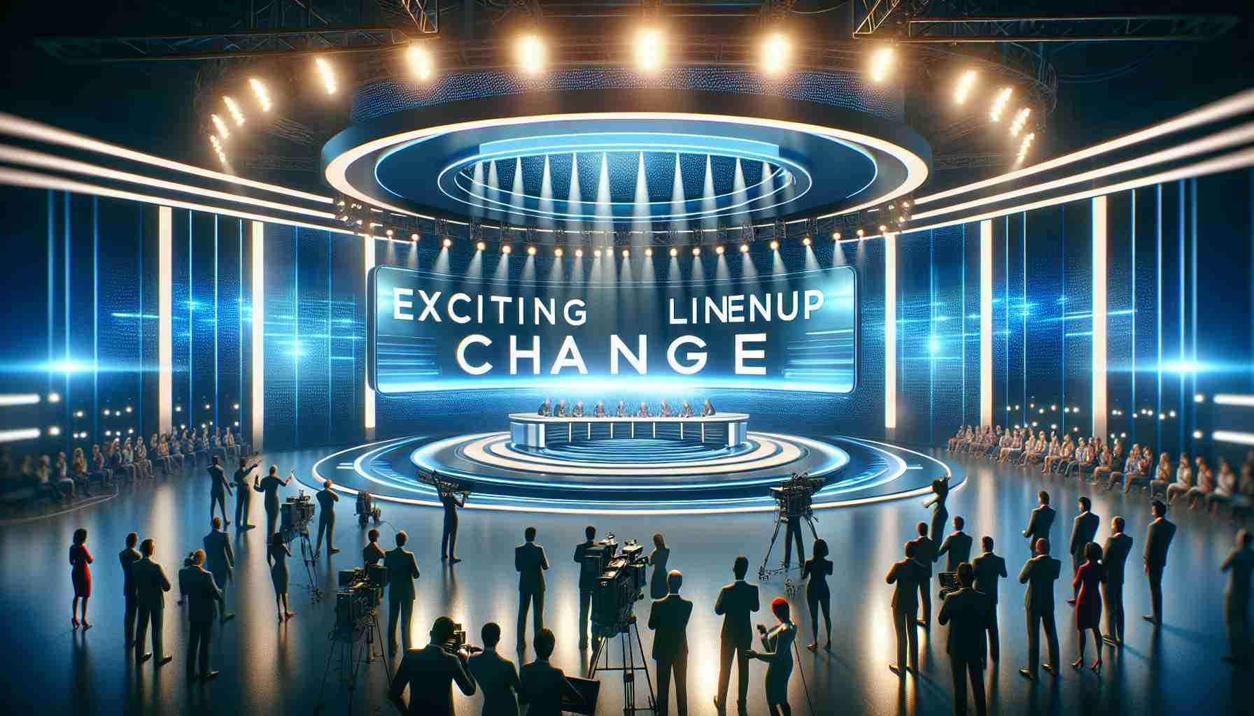 An image displaying high-definition, realistic artwork of a TV network announcing their new, thrilling changes in the program lineup for boosting their ratings. The scene showcases a television studio, filled with energetic staff members, engaging in preparation for the announcement. Bright lights illuminate the setting while the network logo shimmers in the background. On a large curved screen behind, the words 'Exciting Lineup Changes' could be seen featured prominently.