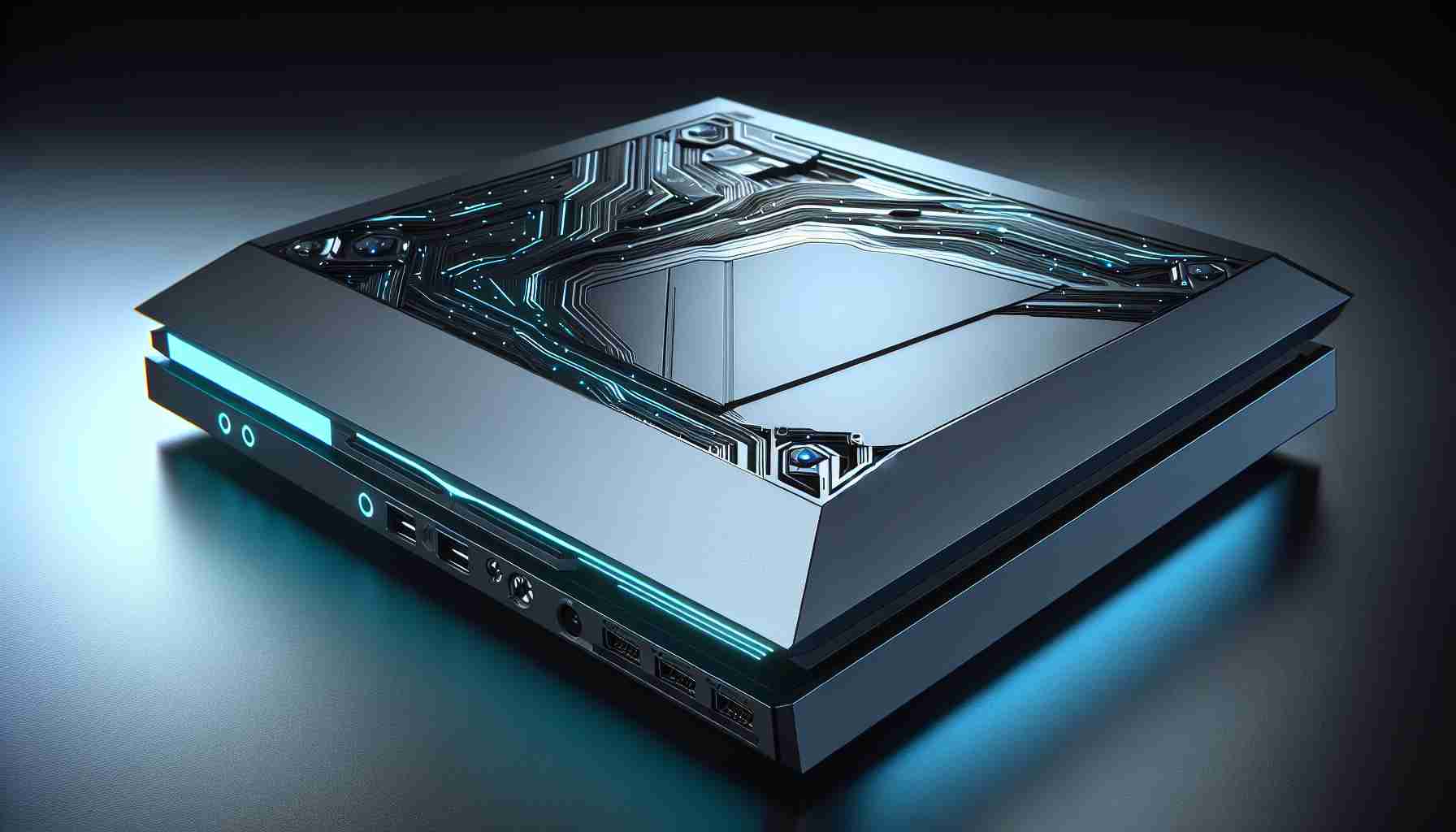 A high-definition, realistic image of a next-generation, futuristic game console, with state-of-the-art design aesthetics that signifies its revolutionary features. The console should have a sleek and modern finish, reflecting the peak of innovation and technology in gaming.