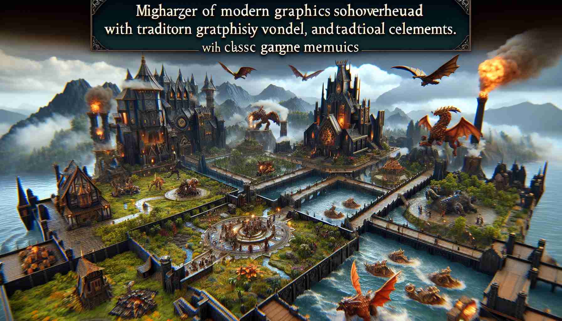 A high-definition, photorealistic scene depicting the merger of modern graphics overhaul with traditional gameplay elements in a fantasy-themed, strategy game collection. Visualize enhanced textures, detailed models, and immersive backgrounds. The gameplay screen shows a highly detailed map populated with varied terrain and fantastical creatures, overlaid with an intuitive UI. All elements portray the harmonious blend of revamped design with classic gaming mechanics.