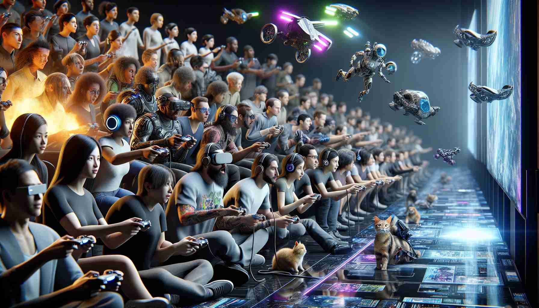 A high-definition, photorealistic image showcasing the thrilling evolution of the gaming industry. An inspired depiction of futuristic gaming experiences, with a focus on immersive virtual reality systems, advanced AI, high-precision haptic feedback controllers, and massive multiplayer online worlds. The scene captures eager gamers of varying descents such as Caucasian, Hispanic, Black, Middle-Eastern, South Asian and varied genders, engrossed in their gaming, the excitement palpable in their expressions. The potential of gaming technology is emphasized in this image.