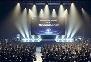 A high-definition, realistic image that captures the unveiling event of a revolutionary mobile plan by a non-existent telecom company named CosmicWave. The event includes a large banner displaying the new mobile plan details and company logo. A stage is set with spotlights and the audience eagerly waiting for the announcement. The atmosphere is filled with anticipation and excitement.