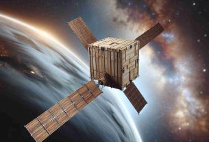 Generate a high-definition, realistic image that illustrates the concept of exploring new frontiers in space travel through the use of wooden satellites. The scene should include a wooden satellite in space, showing its unique textures and construction, contrasted against the ethereal backdrop of the cosmos.