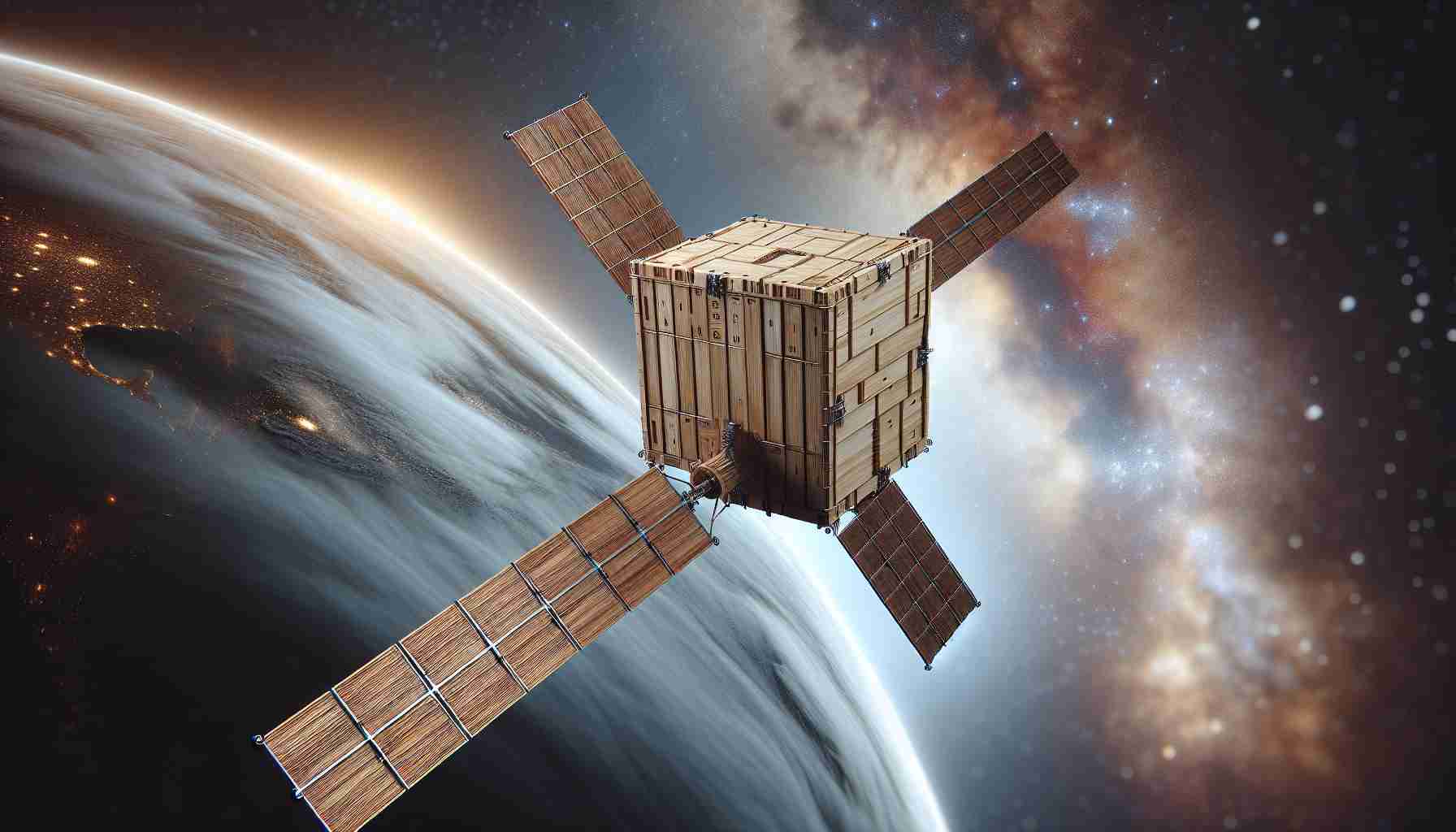 Generate a high-definition, realistic image that illustrates the concept of exploring new frontiers in space travel through the use of wooden satellites. The scene should include a wooden satellite in space, showing its unique textures and construction, contrasted against the ethereal backdrop of the cosmos.