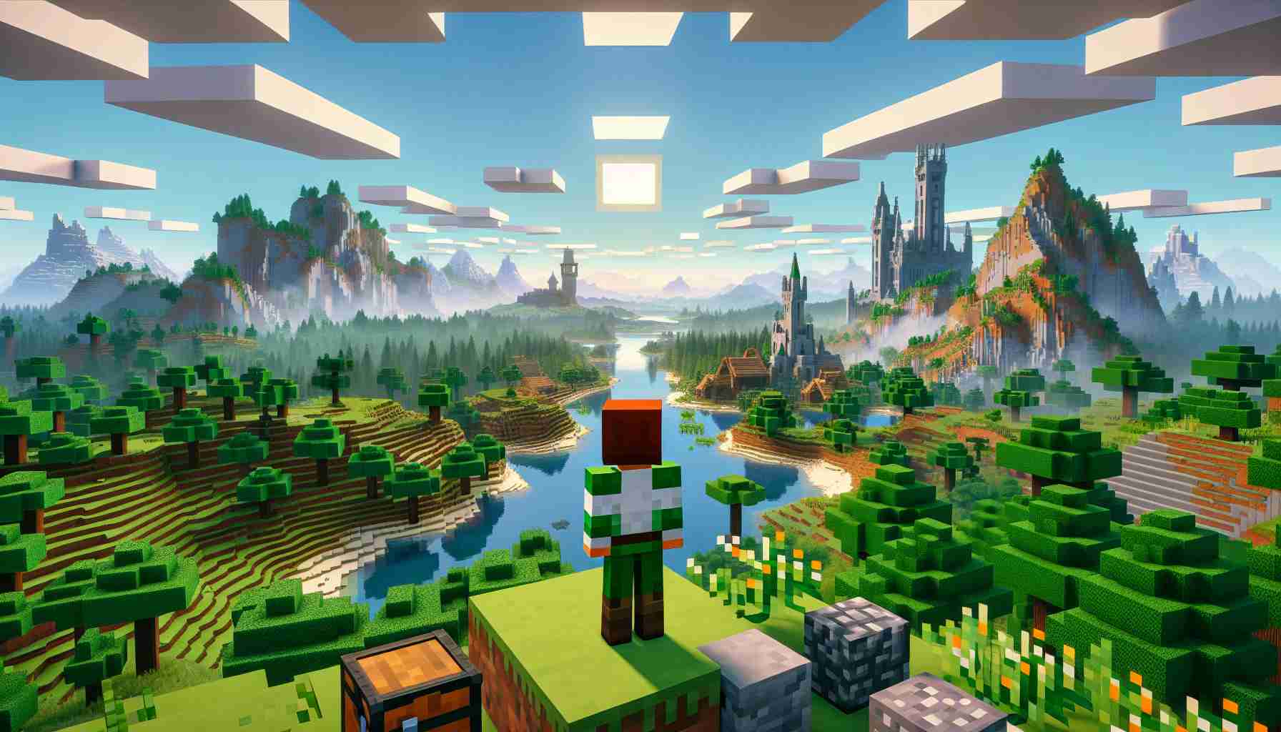 Generate a high-resolution, realistic depiction of exploring a vast, infinite world filled with diverse terrains and structures, reminiscent of a block-based game similar to Minecraft. The scene includes a lone adventurer with short red hair and green clothing, standing on a hill looking out across forests, mountains, rivers, and distant castles made of various types of blocks. The sky is filled with rectangular clouds and the sun is square, mimicking the pixelated aesthetic of a sandbox block game. In the foreground are examples of typical game resources like wood, stone, coal and a variety of colorful blocks.