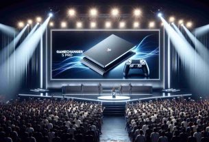 Realistic high-definition image depicting the launch event of a next-generation gaming console named GameChanger 5 Pro. The scene should include a broad stage setup with shining spotlights, a large screen displaying the sleek black and white design of the console, enthusiastic crowd of gamers waiting eagerly, and the announcement being made by a South Asian woman, who is the head of gaming innovation. The atmosphere should be filled with excitement, anticipation and groundbreaking technological advancement.