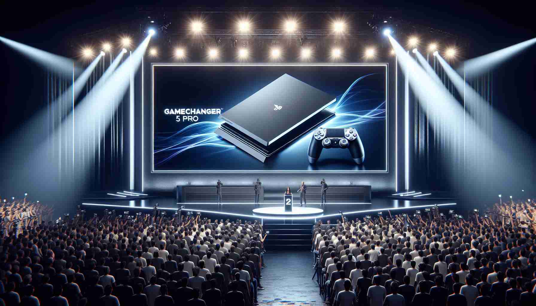 Realistic high-definition image depicting the launch event of a next-generation gaming console named GameChanger 5 Pro. The scene should include a broad stage setup with shining spotlights, a large screen displaying the sleek black and white design of the console, enthusiastic crowd of gamers waiting eagerly, and the announcement being made by a South Asian woman, who is the head of gaming innovation. The atmosphere should be filled with excitement, anticipation and groundbreaking technological advancement.