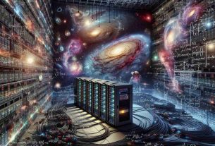 An intricate depiction of the mysteries of our universe being explored through supercomputing. The scene embodies a large supercomputer sitting in a room overflowing with data cables and flashing lights. Across the walls are projections of galaxies, nebulae, and star clusters, brought forth by the computational power of the machine. These projections blend reality and digital data, showcasing spectrums of light not visible to the naked eye. Mathematical formulas and data graphs float around the room, translating the universe’s secrets into understandable information. The room is a symbolic bridge, connecting human understanding and the unseeable vastness of the cosmos.