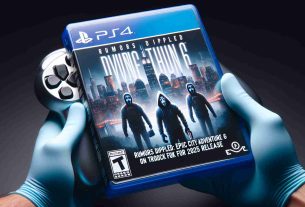 A high definition, realistic image of a mock video game case, stylized in a popular contemporary gaming aesthetic. The case features non-specific city skyline at night in the background, a couple of blurred anonymous characters in the foreground holding gaming controllers, and the text 'Rumors Dispelled: Epic City Adventure 6 On Track for 2025 Release' prominently displayed on it.