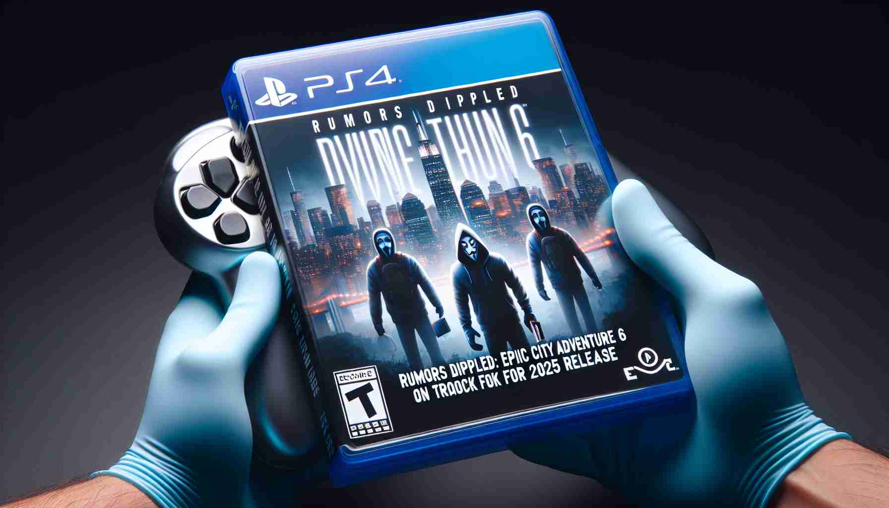 A high definition, realistic image of a mock video game case, stylized in a popular contemporary gaming aesthetic. The case features non-specific city skyline at night in the background, a couple of blurred anonymous characters in the foreground holding gaming controllers, and the text 'Rumors Dispelled: Epic City Adventure 6 On Track for 2025 Release' prominently displayed on it.