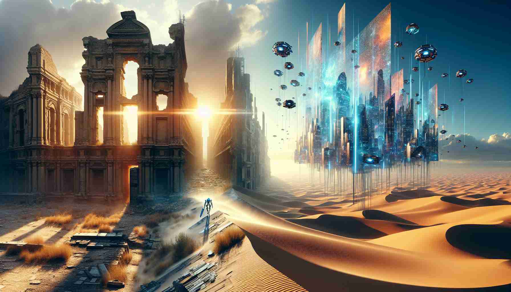 Create a realistic high-definition image showcasing a future-theme adventure concept. There is a hint of a technologically advanced world where biomechanical items play a significant role. In the foreground, design elements of abandoned architecture suggest ancient civilizations, contrasting with the vibrant and highly advanced tech floating abstractions in the backdrop. Sunlight illuminating through cracks of the ruined architecture catching glimpses of wind-swept sand to depict the passing of time whilst technological devices hover silently, symbolizing limitless possibilities.