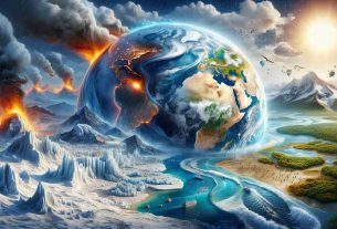 Realistic high-definition illustration showing significant shifts in our planet's climate, such as receding ice caps, increasing desertification, rising sea levels and intense weather patterns.