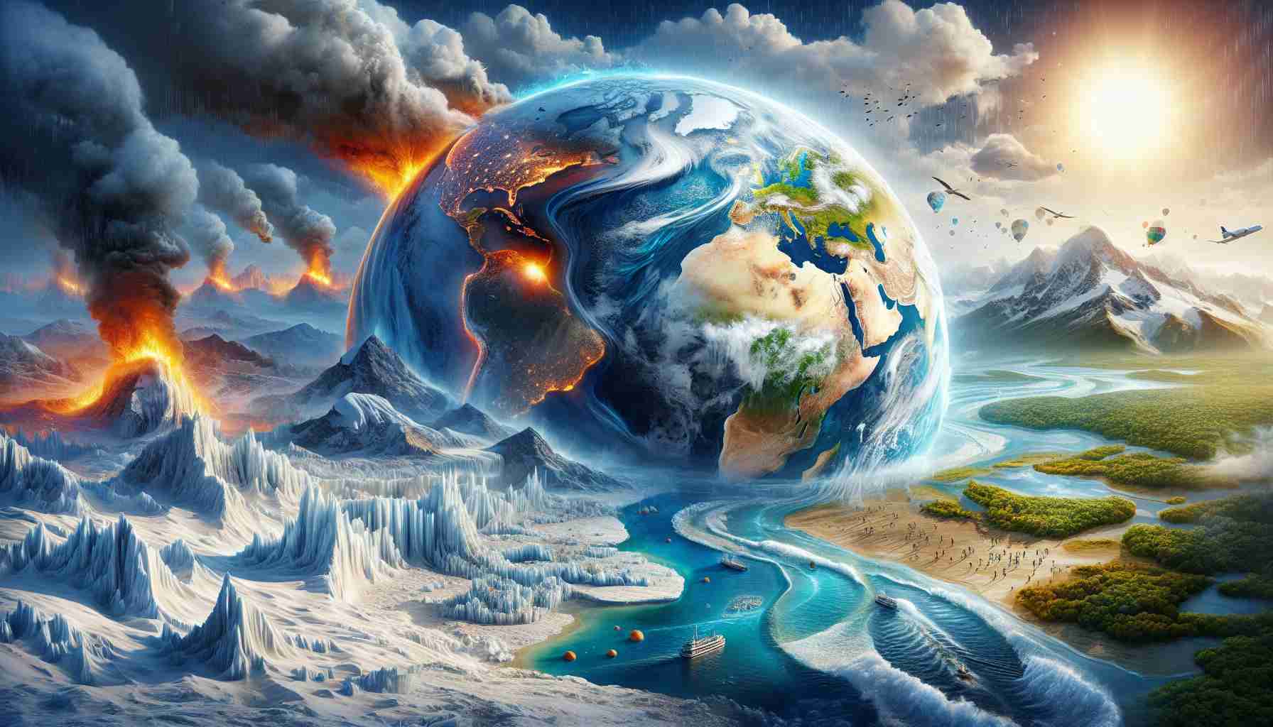 Realistic high-definition illustration showing significant shifts in our planet's climate, such as receding ice caps, increasing desertification, rising sea levels and intense weather patterns.