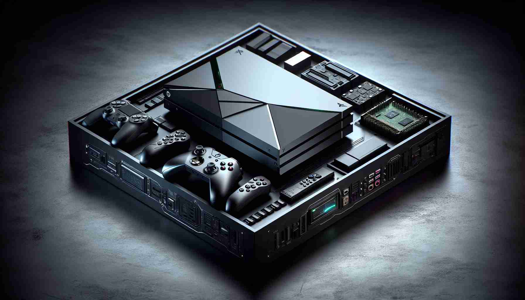 A high definition, realistic image of a groundbreaking gaming console known as the 'SpectraConsole X'. The console should predominantly feature cutting-edge design, modern aesthetics, and impressive capabilities. Some of its standout features might include a sleek case, various distinctive ports for connectivity, and perhaps even an innovative controller that perfectly complements the console. It's the next big thing in the gaming world. Alternatively, the image could also include packaging or promotional materials emphasizing its revolutionary gaming experience.