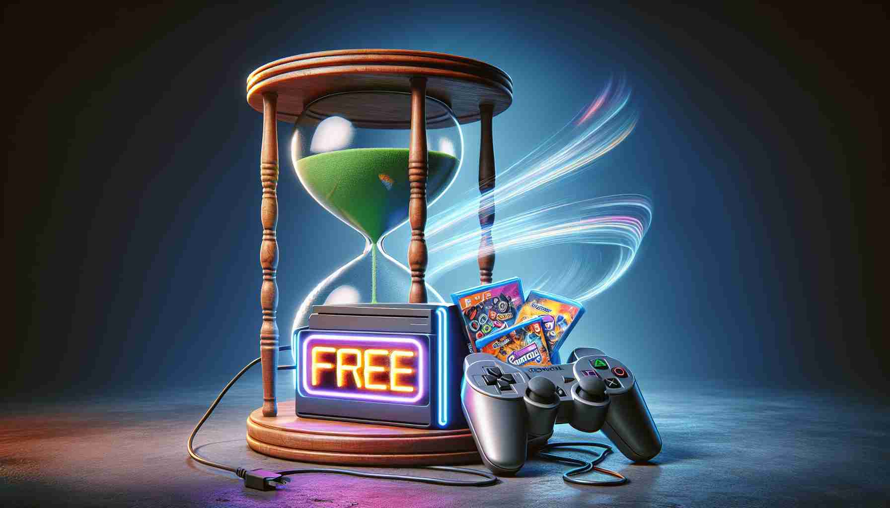 Create a hyperrealistic high definition image that illustrates the concept of providing a complimentary video game. The conception should induce a sense of urgency not to let this gaming opportunity go by unnoticed, which could be represented by a gaming console beside a rotating hourglass, symbolizing the scarcity of time, and a vibrant, eye-catching 'FREE' sign plastered on the game box, grabbing the viewer attention instantly.