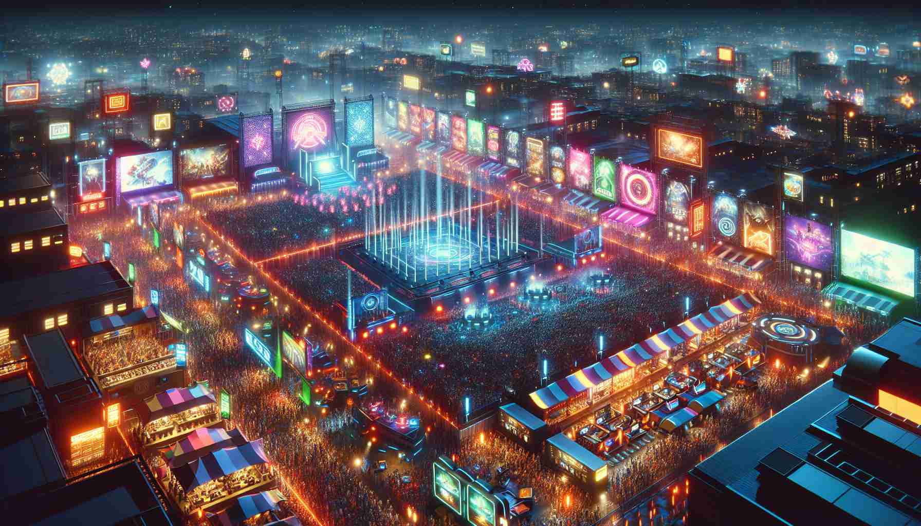 High-definition, vibrant and detailed image of a grand night event highlighting the art of electronic interaction - gaming. It is a large, bustling event, filled with enthusiastic people, bright neon signs and marquees, arrayed computers and consoles, game posters, game-inspired decorations, and spotlights sweeping the darkened sky. There is an underlying sense of energetic excitement in the air.