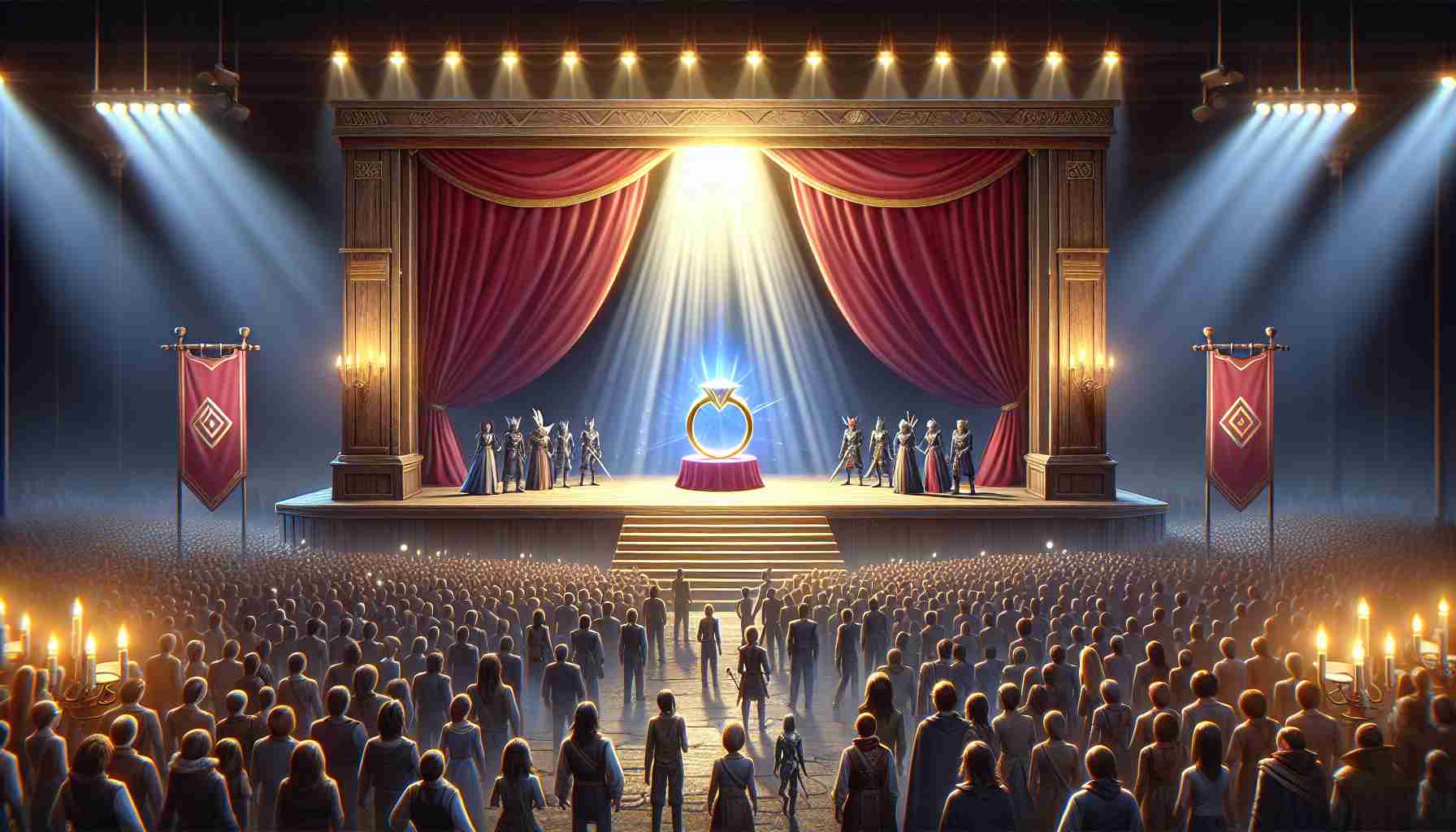 High-definition realistic illustration of a surprise announcement featuring the beginning of a new era for a popular fantasy-themed video game, without displaying copyrighted characters or logos. The scene could involve a grand stage with medieval aesthetics, a crowd forming below, and an unknown fantasy-themed item (like a ring) illuminated under a spotlight. Entities on stage and in the crowd obey the rules of diversity in terms of ethnicity and gender.