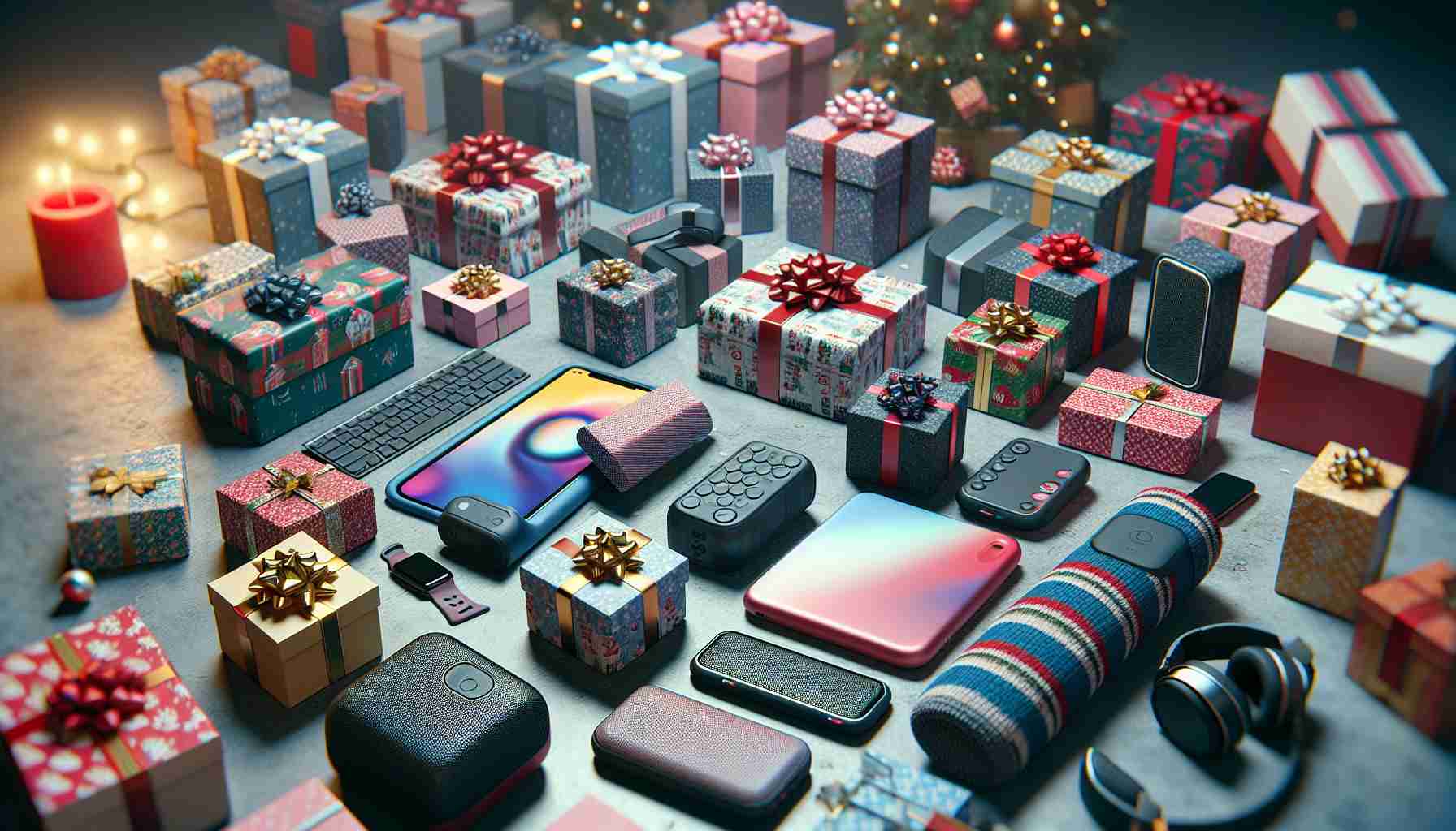 A high-definition, realistic image of the scene where various holiday gifts are being unwrapped. Various boxes in different shapes and sizes are covered in colorful wrapping paper with holiday motifs. Some of the gifts are revealed, showing a variety of exciting perks for different devices. Among them are a sleek phone case, a wireless keyboard, a compact speaker, high-quality headphones, a smart watch, and other tech gadget accessories. The atmosphere is filled with anticipation and joy, perfectly capturing the spirit of the holidays.