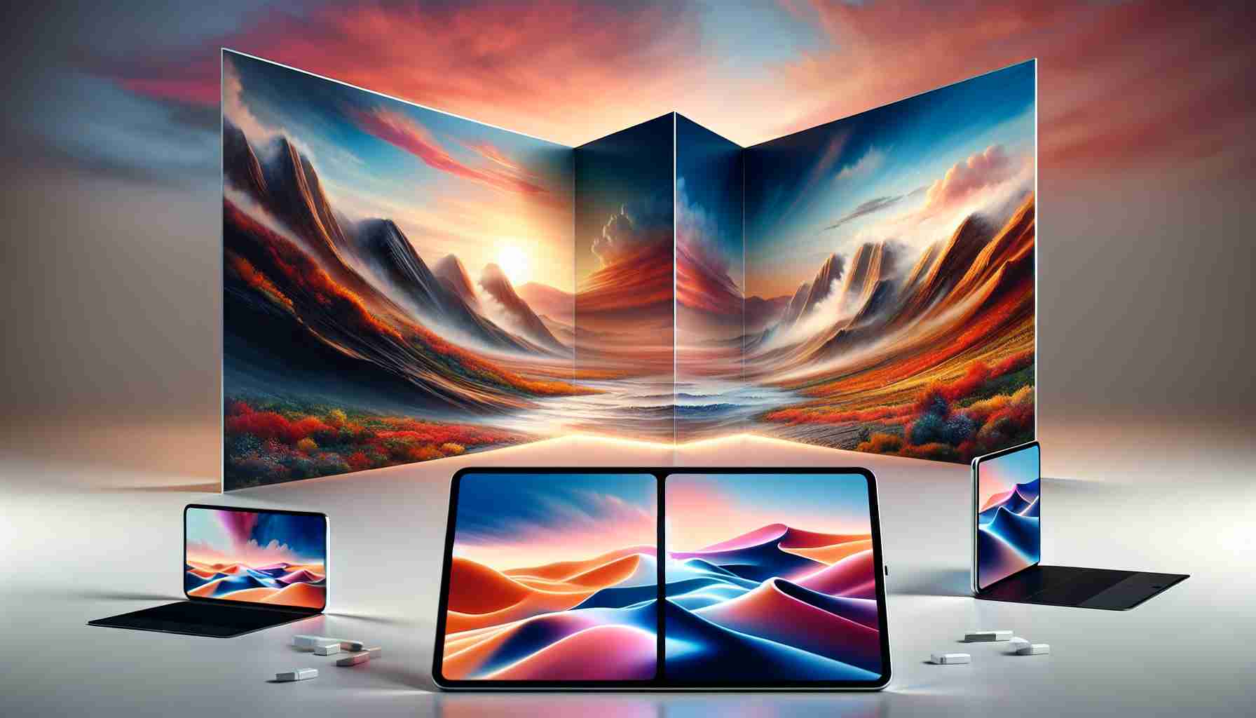 Create a hyper-realistic high-definition image that invokes Apple's bold future. Include visual elements that suggest the concept of foldable devices being a pivotal part of this future. The scene should incorporate an abstract representation of a horizon to symbolize the impending innovation.