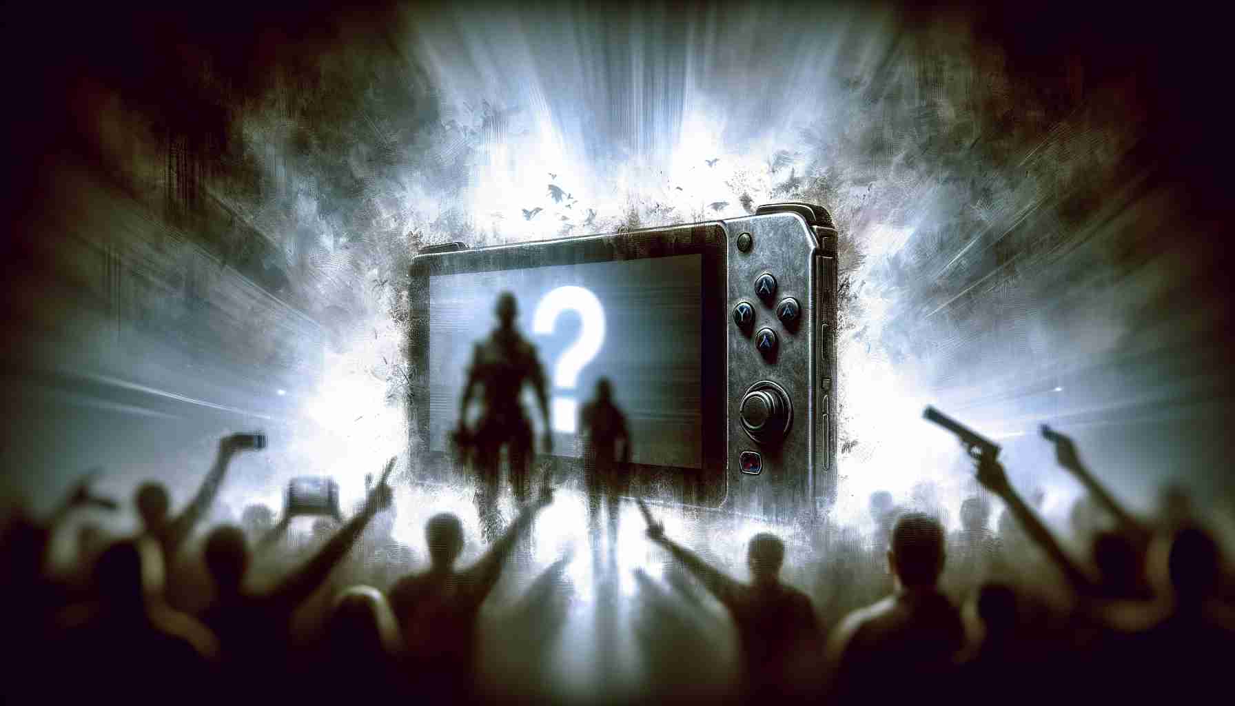 A High Definition, detailed and realistic image portraying the growing anticipation for a hypothetical second generation of a popular handheld gaming console. The primary focus should be a mysterious teaser trailer for the device - try to convey the intrigue and uncertainty associated with such an event. Use elements like a blurred image of the console, glimpses of possible new features, shadowy silhouettes, and enigmatic messages across the frame as part of the composition. The image should have a lively tone matching the excitement associated with the reveal of a new gaming device.