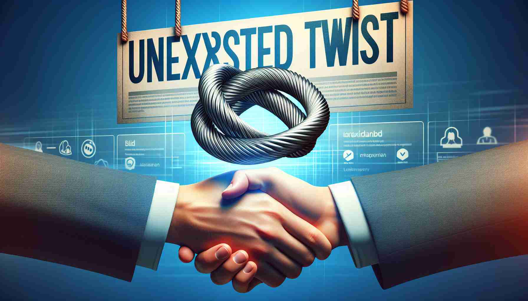 Create a realistic high-definition image representing the metaphorical concept of an unexpected twist. This is symbolized by an intertwining metallic rope, with the words 'Unexpected Twist' in bold lettering floating in the air. In the background, there's a simplified scene of a traditional business handshake indicating a major stake, with the logos of two non-specific companies displayed.