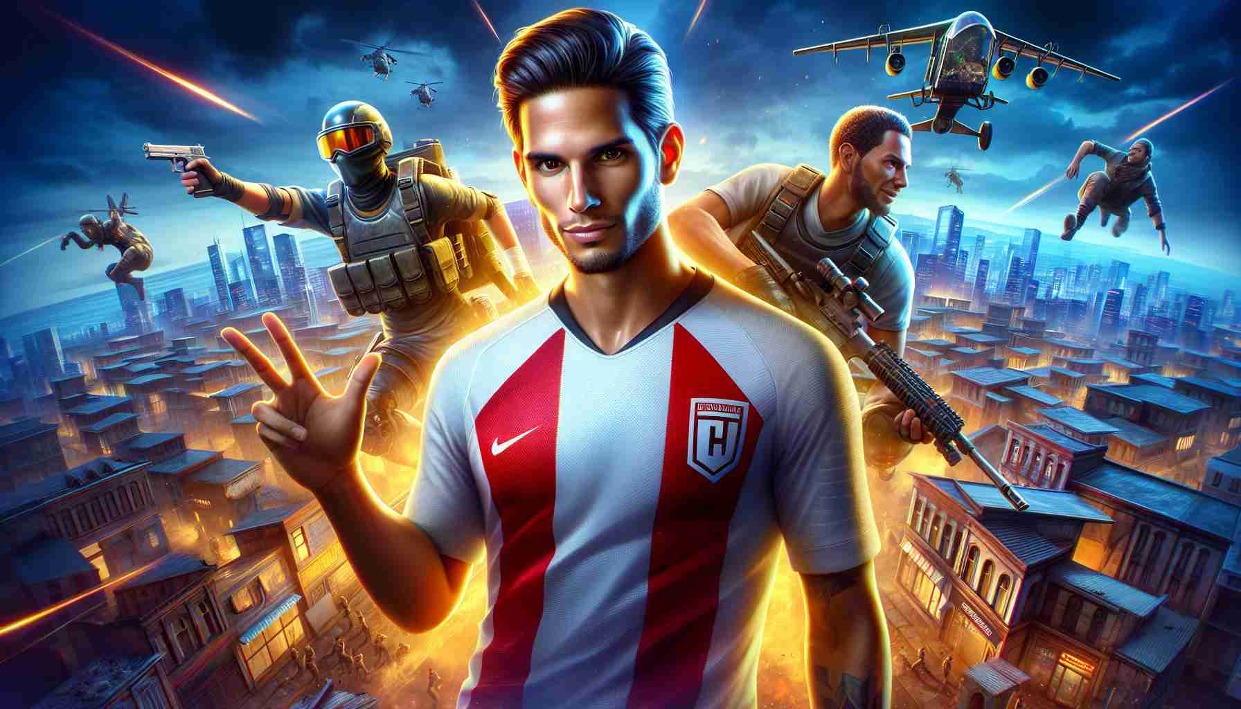 Realistic high definition image of a famous male soccer player known for his skill, joining the world of a renowned multiplayer video game, characterized by its battle royale mode and building elements. Anticipate an array of epic gaming moments!